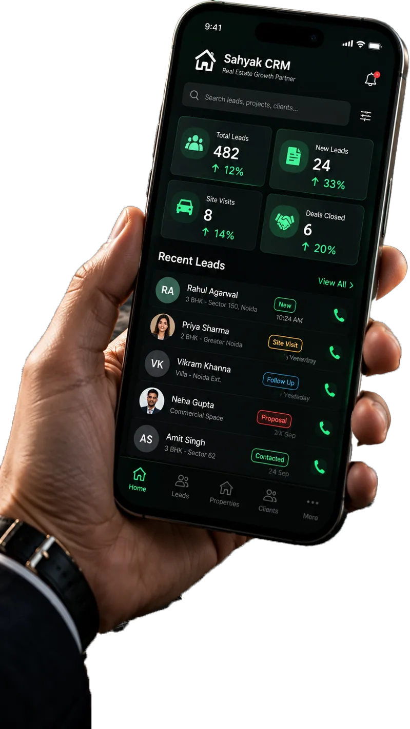 Sahyak Real Estate CRM mobile app displaying client inquiry pipeline and site visits